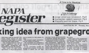 Newspaper page of "Napa Register" with headlines about grape growing ideas, Great American Smokeout, Gorbachev speech opposition, and play-off news for Napa.