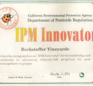 Certificate from the California Environmental Protection Agency Department of Pesticide Regulation awarded to Beckstoffer Vineyards, recognizing innovation in pest management for grapes.