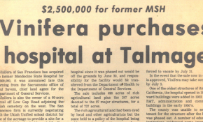 Newspaper headline stating "Vinifera purchases hospital at Talmage" with details about the $2,500,000 acquisition of a former state hospital for future use.