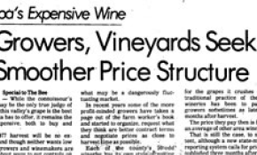 Newspaper headline reads: "Growers, Vineyards Seek Smoother Price Structure" with an article discussing wine industry pricing and market fluctuations.