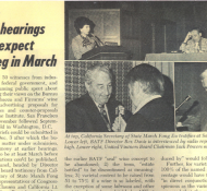 Newspaper clipping about congressional hearings expected in March, with four photos including people speaking at a panel, and captions describing their roles and statements.